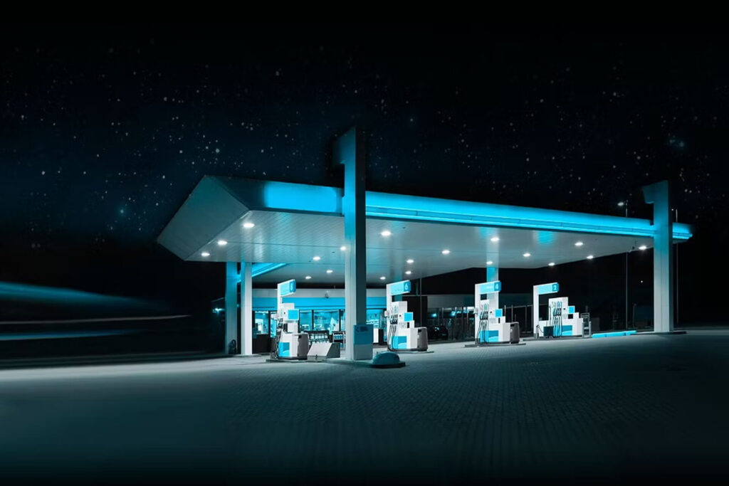 TRL Engineering Illuminated service station forecourt at night