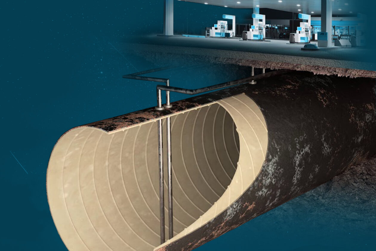 Cutaway showing a new lining installed inside a corroded steel fuel tank