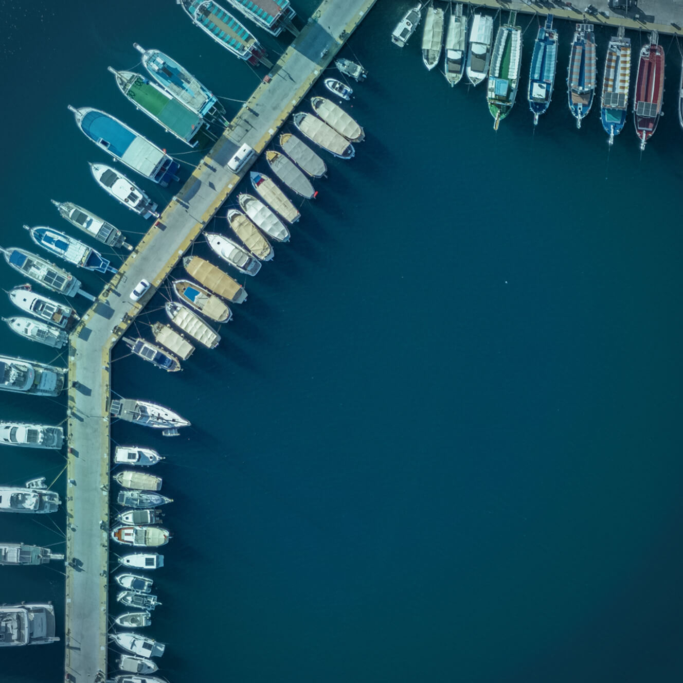 Aerial view of boats moored in a marina