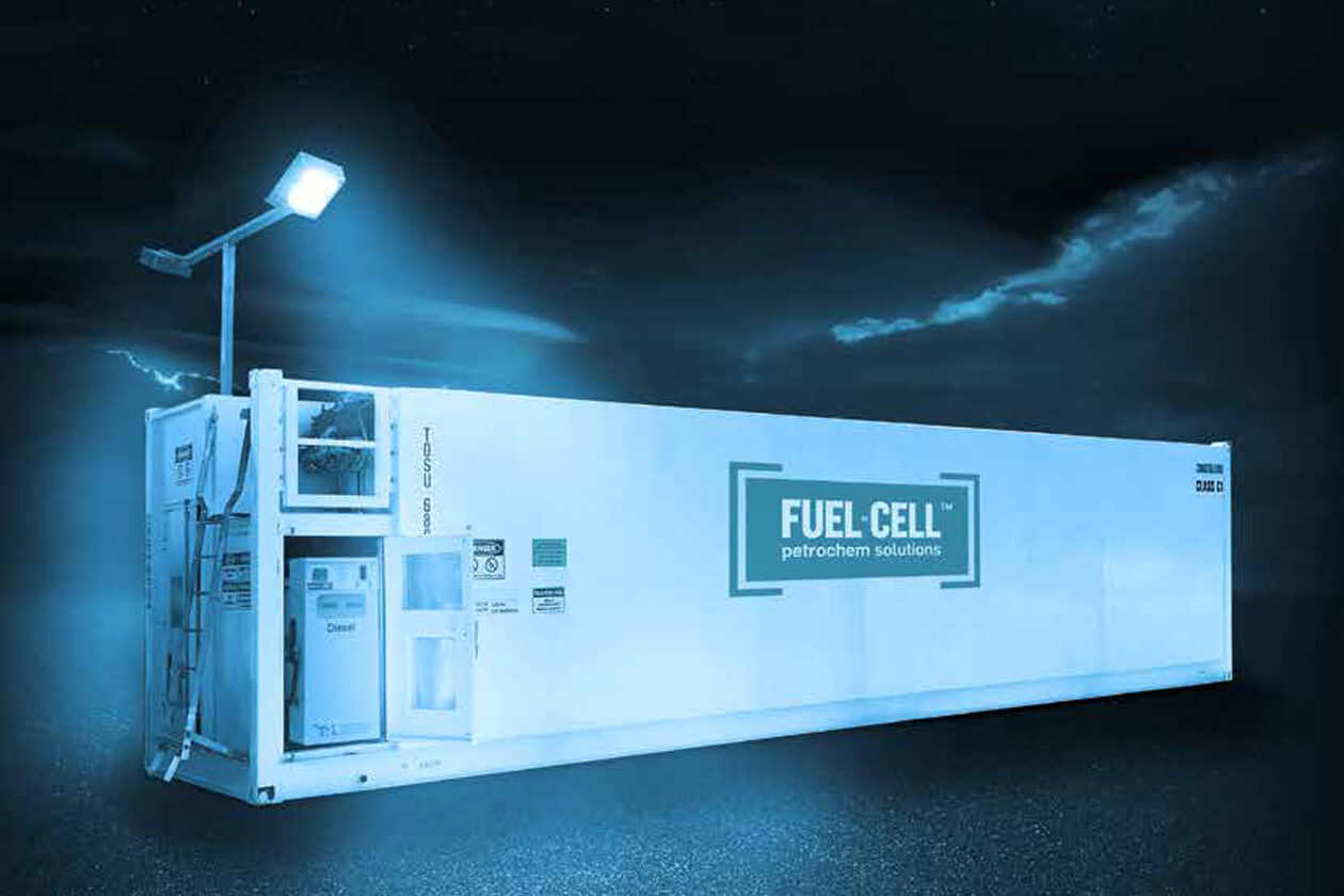 Fuel-Cell storage and dispensing unit on site at night