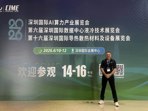 Daniel Mulally - CIME 2026 Daniel Mulally standing in front of the 6th Shenzhen International Data Center Liquid Cooling Technology Exhibition (CIME 2026) banner