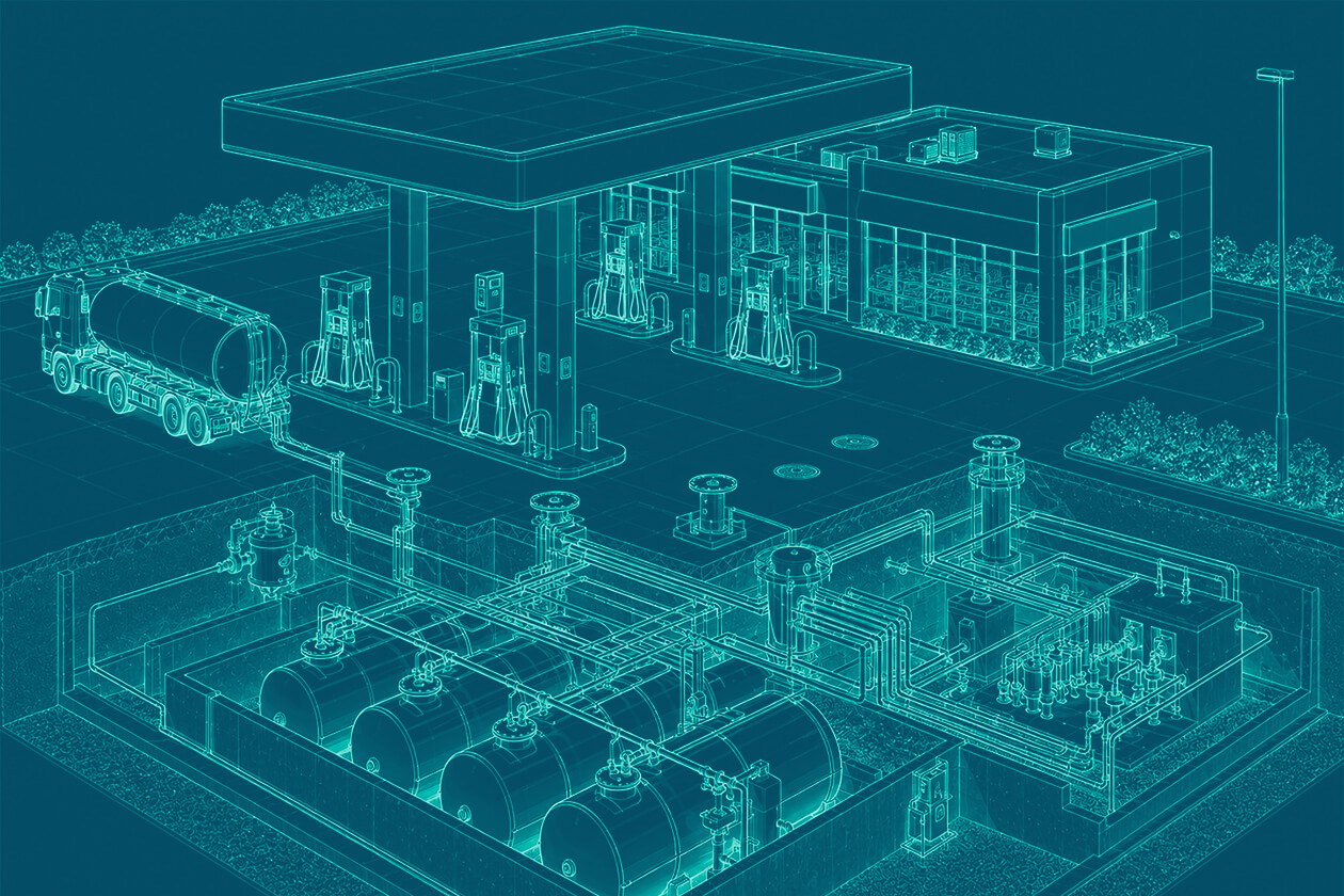 Wireframe schematic of a service station fuel system